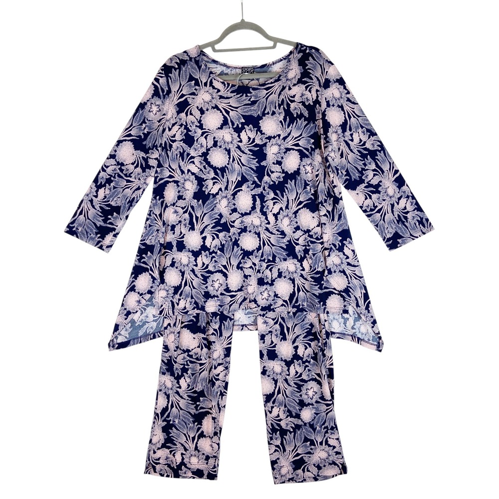 Clara Sunwoo Womens XL Navy Pink Floral Tunic Sharkbite Hem Pant Set Made in USA